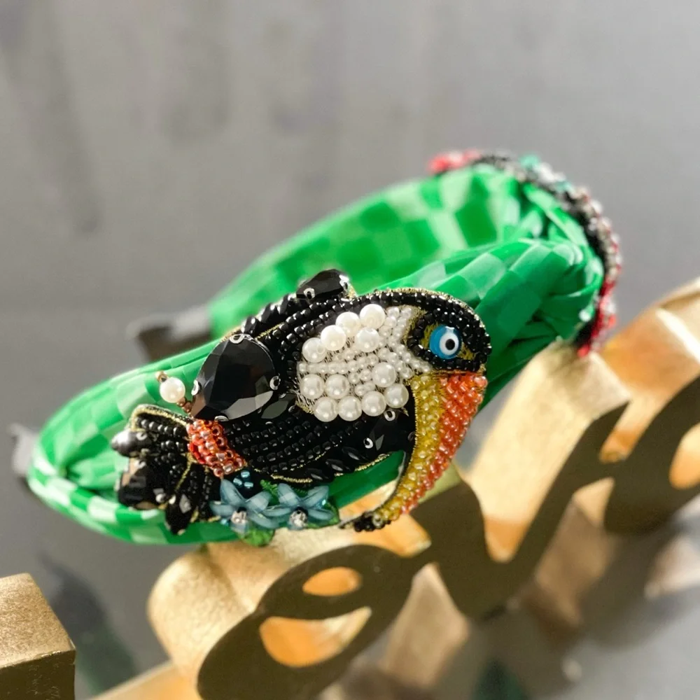 New Handmade Green Gems Beaded Glamorous and Pearls Parrot Quality Headband - Picture 4 of 8